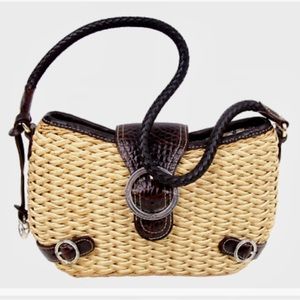 VINTAGE BRIGHTON BEIGE NATURAL STRAW BROWN REAL LEATHER TRIM PURSE SHOULDER BAG